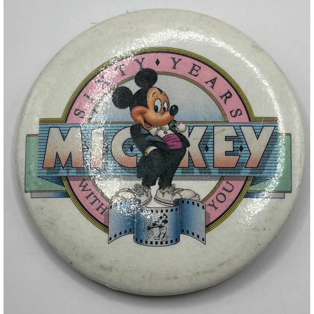 Disney Mickey Mouse Sixty Years With You Vintage Pin Button Tuxedo 1988 2.25"